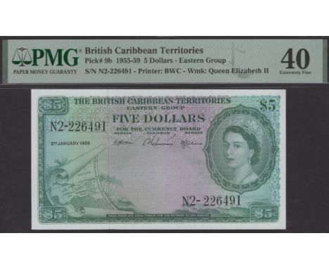 British Caribbean Territories, $5, 2 January 1959, serial number N2-226491, Spence, Waterman and WIlliams signatures, in PMG 