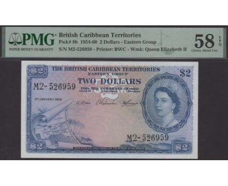 British Caribbean Territories, $2, 2 January 1959, serial number M2-526959, Essex, Waterman and Burrowes signatures, in PMG h