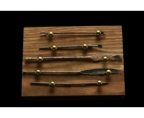 Ca. 100-300 AD. A rare set of five Roman medical tools composed of a double-ended fork, ligula, spatulas, and a probe. Each t