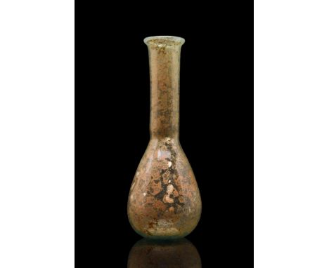 Ca. 100-200 AD. An elegant glass unguentarium featuring a piriform lower body leading to a long, narrow neck with a round fol