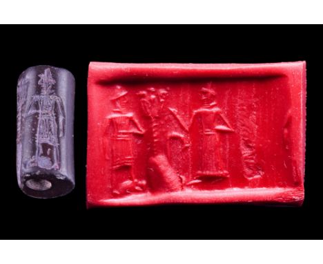 Ca. 1800-1600 BC. A nicely carved Old Babylian black stone cylinder seal from the first half of the second millennium BC. It 