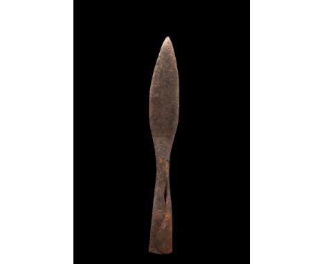 Ca. 100-300 AD. A nicely preserved diamond-shaped iron socketed spearhead with a sharp point and an integral shaft. For a sim