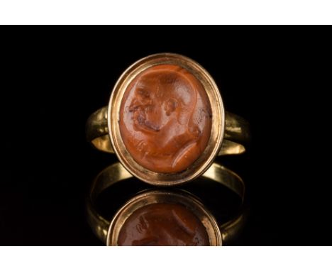 Ca. End of 1st century AD. A carnelian intaglio skilfully engraved with a Flavian portrait, possibly depicting Emperor Titus 