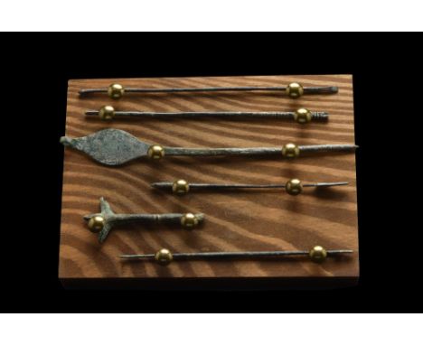 Ca. 100-300 AD. A rare set of six Roman medical tools composed of various probes and pins. Each tool with a long, round secti