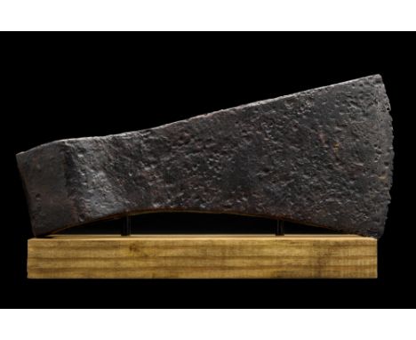 Ca. 900-100 AD. This iron battle axe features a rounded socket and a long head, flaring towards the blade. Further informatio