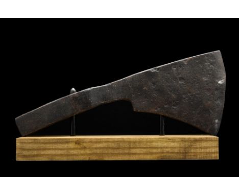 Ca. 900-100 AD. This iron battle axe features a rounded socket and a long head, flaring towards the blade. Further informatio