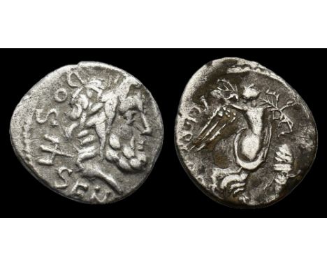 87 BC. L. Rubrius Dossenus Ar. quinarius, 87 BC, Rome. Laureate head of Neptune right; DOSSEN to right, trident to left. Rev.