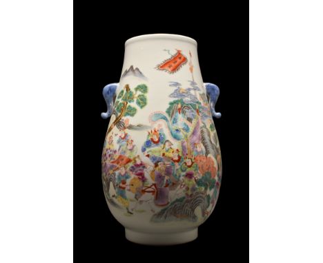 . A porcelain vase richly decorated with a garden scene containing multiple characters in a procession. These vases were popu