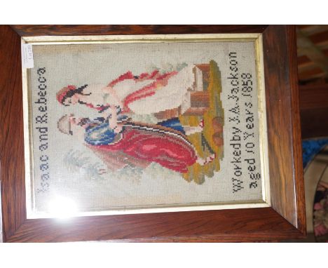 Victorian Isaac and Rebecca sampler set in a rosewood frame. By J.A Jackson, aged 10 years, dated 1858, 35cm x 24cm exclusive