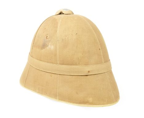 A late Victorian British Army pith helmet, sand coloured cloth covered body with narrow head band, the interior with green cl