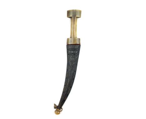 A Kurdish Jambiya, 22.5cm sharply curved blade with etched damascus finish, raised medial ridge, characteristic horn hilt, co