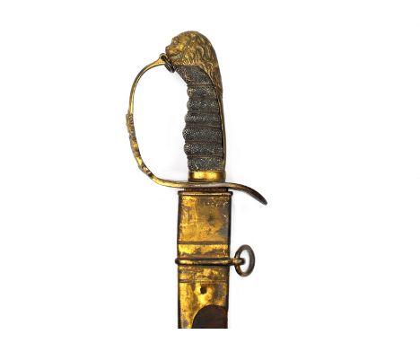 An 1803 Pattern Infantry Officer’s sword, 75.5cm sharply curved blade decorated with scrolling floral sprays, Royal Arms, sta