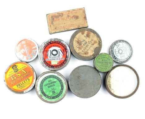 Ten various percussion cap tins, to also include bullet and pellet tins, for .455 and 7mm Central Fire Walking Stick Gun etc.