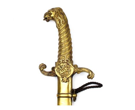 A Georgian bandman’s sword, 70.5cm sharply curved blade, cast gilt brass hilt with recurved guard of rococo form and with cen