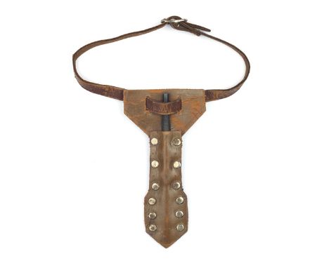 An SOE type spike-pattern thrust dagger, 13cm over all length with gnurled, machined grip, contained in its leather sheath wi