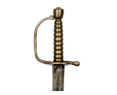 A mid 18th Century brass hilted military hanger, 61cm curved fullered blade, brass hilt with heart shaped guard, D-shaped knu