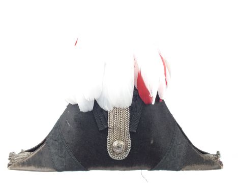 A Victorian North Northumberland Volunteer Cavalry Officer’s Bicorn hat, the black plush body with black lace trim decorated 