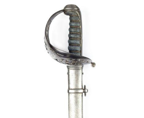 A Victorian 6th Carabinier’s Officer’s sword, 88.5cm slightly curved blade etched with scrolling foliage, crowned VR cypher a