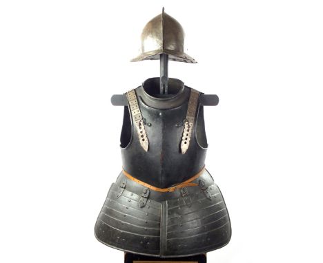 A composite Civil War Period Pikeman’s Armour, comprising broad brimmed pot with two-piece skull and turned low comb, the tur