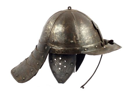 An English Civil War period lobster pot helmet (Zischagge), the single piece skull with six radiating ribs, four lame articul