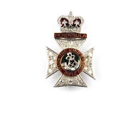 Sweetheart Brooches: The 60th King’s Royal Rifle Corps, composed from yellow and white metals and embellished with red and bl