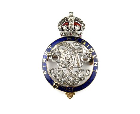 Sweetheart Brooches: The First Regiment of Lifeguards, composed from yellow and white metal and embellished with red and blue