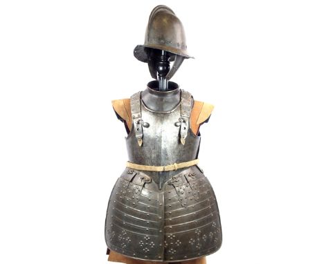 A composite English Civil War period Pikeman’s Armour, two-piece down-turned broad-brimmed helmet with turned edges, raised c