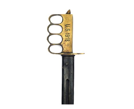 U.S. First War style brass knuckleduster knife, 32cm flattened diamond section blade with elongated narrow fuller, stamped on