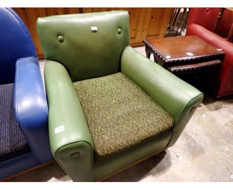 Faux green leather vintage armchair. Not available for in-house P&amp;P 