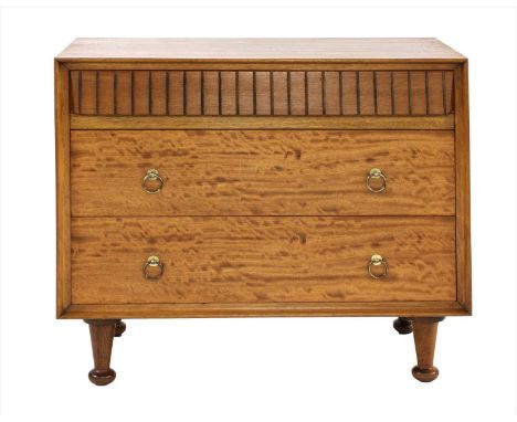 A pair of Heal's mahogany bedside cabinets, each with a single routed drawer, a cupboard below with ring handles, one labelle