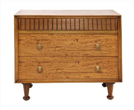 A pair of Heal's mahogany bedside cabinets, each with a single routed drawer, a cupboard below with ring handles, one labelle