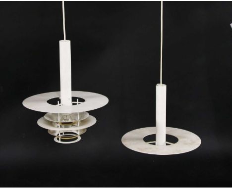 A light pendant, white enamelled with brass finished reflectors, and another, incomplete , 47cm high 40cm diameter (2) These 