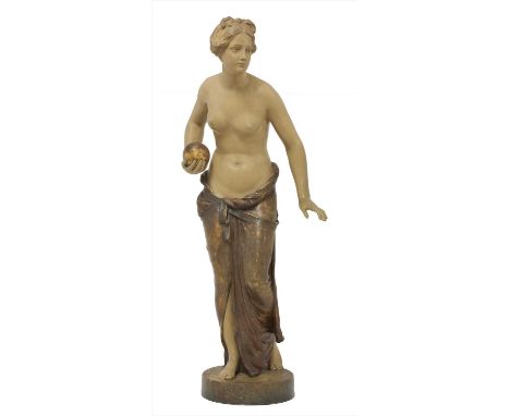 A Goldscheider painted terracotta figure of a girl holding a ball, after Latour, raised mark, impressed '3893 13' and stamped