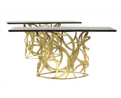 A pair of contemporary console tables, each with a veneered top, raised on a gilt metal stands, 170cm wide 45cm deep 84cm hig
