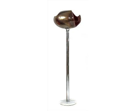 A standard lamp, 1970s, mounted with a case glass and lustre shade, on a chrome column and a marble plinth, 165cm high