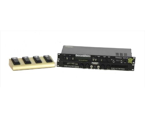 A Mesa Boogie 20/20 Dyna-Watt guitar power amplifier, together with a Rocktron VooDu valve preamp, and a Behringer FS 114 foo