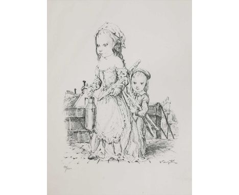 Tsuguharu Foujita (Japanese,1886 -1968) TWO CHILDREN CARRYING BAGUETTES Lithograph, signed and numbered 111/220 in pencil 55 