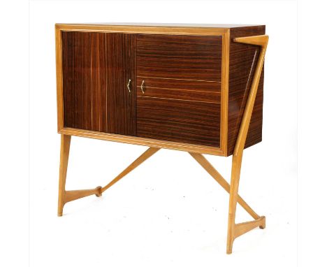 An Italian rosewood and maple cocktail cabinet, in the style of Vittorio Dassi, with inlaid cupboard fronts, the interior wit