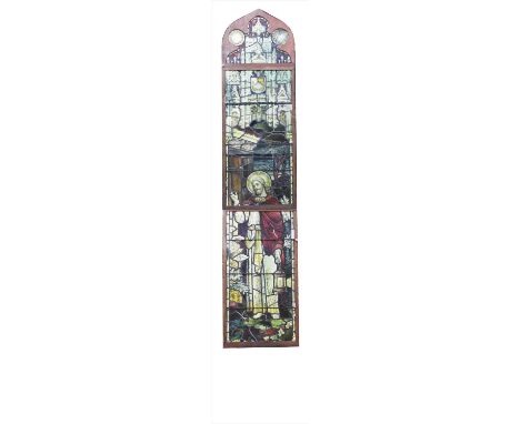 A large stained and leaded glass window, late 19th century, of elongated lancet shape, 'The Light of the World', in two secti