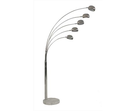 A contemporary arc standard light, with chrome shades, 193cm high