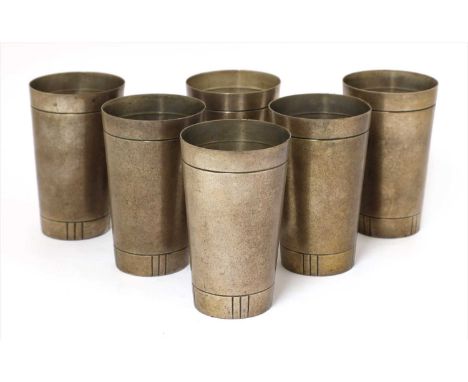 A set of six Gorham sterling silver drinking cups, designed by Erik Magnussen in 1925-1929, of plain cylindrical tapering for