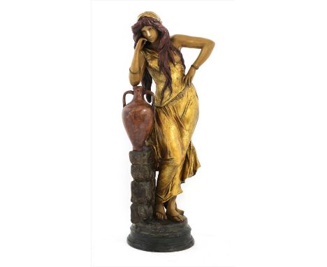 A Goldscheider painted terracotta figure, 'Rebecca', by Cherc, modelled leaning on an amphora, incised 'Cherc', Goldscheider 