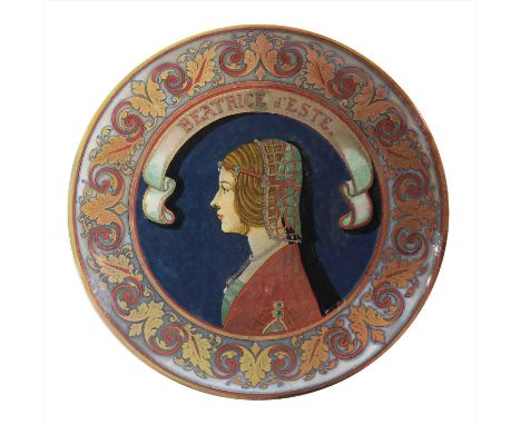 A French majolica charger , by Ulysse Blois Bruneau Balon, decorated with a Renaissance profile portrait of Beatrice d'Este w
