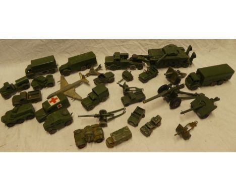 A selection of Dinky military vehicles including 3 tonne Army wagon, armoured command vehicle, scout car, military ambulance,