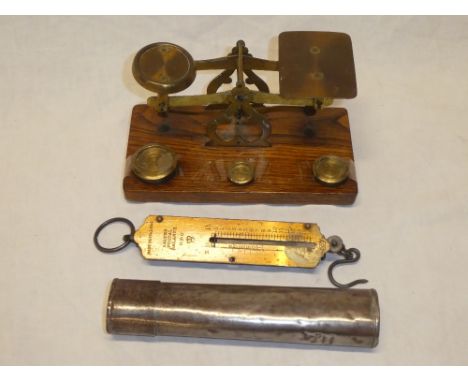 A brass Post Office three-weight letter scales stamped GPO and a Salter postal balance in metal case (2)
