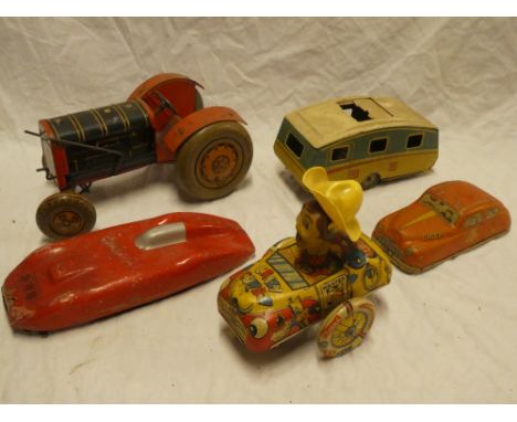 A selection of various tin plate toys including clockwork "Crazy Cowboy" vehicle, MG friction powered race car, caravan, trac