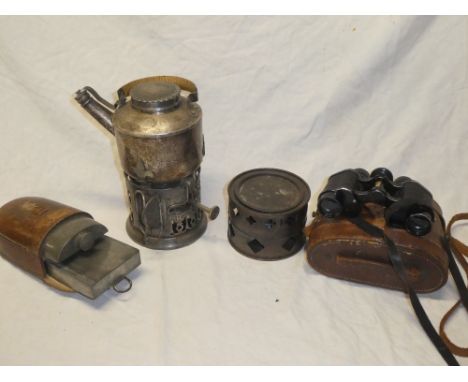 A First War Officer's private purchase spirit kettle with burner by Drew and Sons together with leather pouch containing pewt