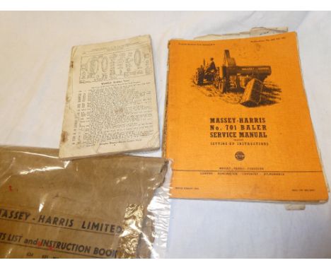 A Massey-Harris original service manual for a 701 baler, 1953 combine list and reaper thresher manual 