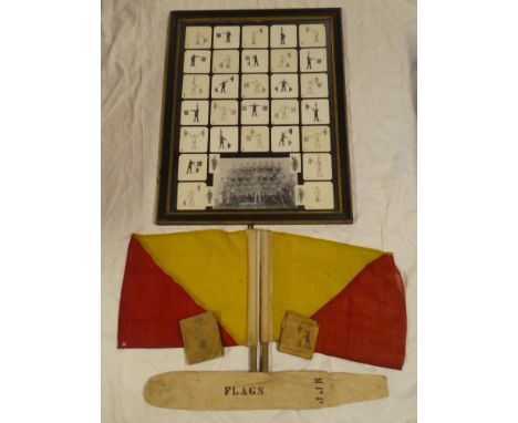 A rare pair of First War semaphore signalling flags together with original canvas bag, framed set of semaphore signalling let