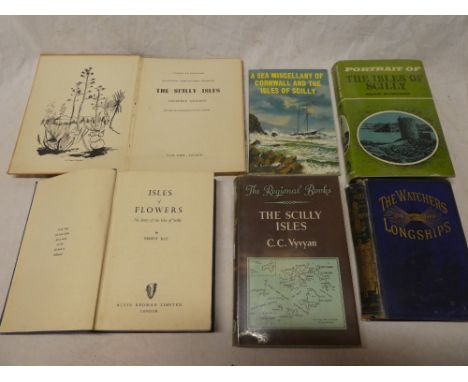 A small selection of Isles of Scilly related volumes including Portrait of the Isles of Scilly, The Watchers on the Longships
